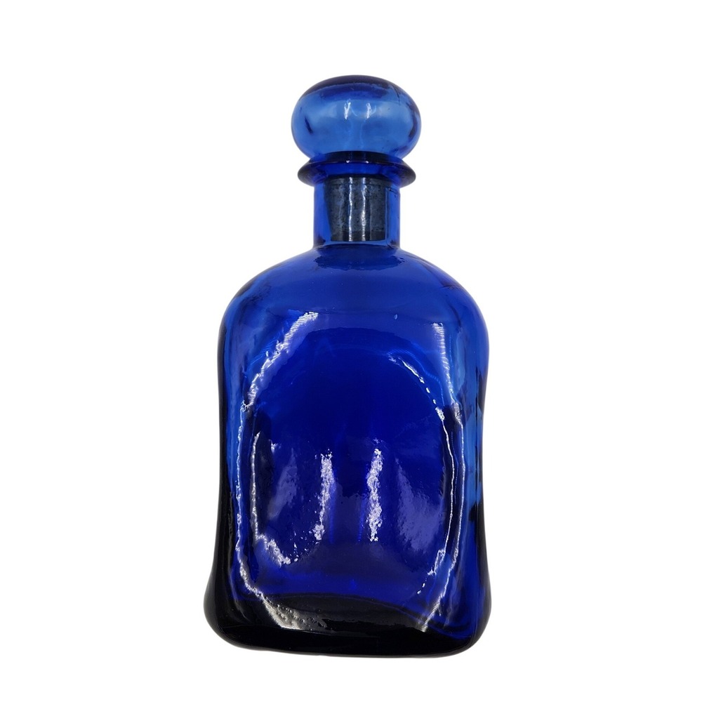 VTG Italian Cobalt Blue Pinched Hand Blown Glass‎ Decanter Ball Stopper Bottle